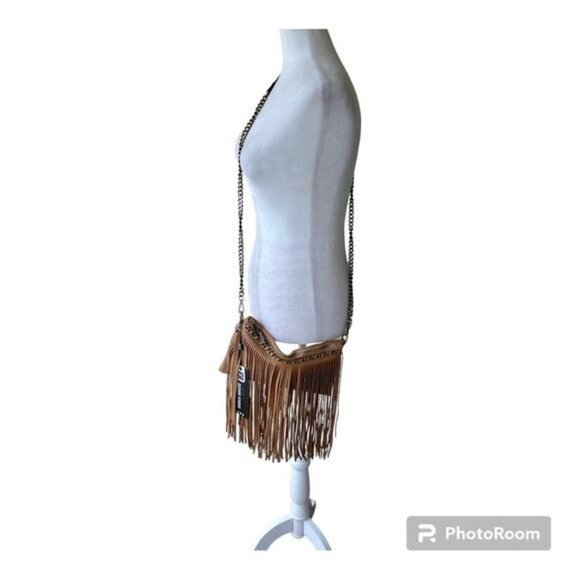 NWT NEW Brown Tan Beige Fringe Crossbody Purse Bag Chain Strap Boho Vibes - Picture 2 of 12